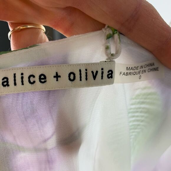 ALICE + OLIVIA White Purple Green Floral Print Cowl Neck Ruffle Slit Dress Sz 0 - Picture 10 of 13